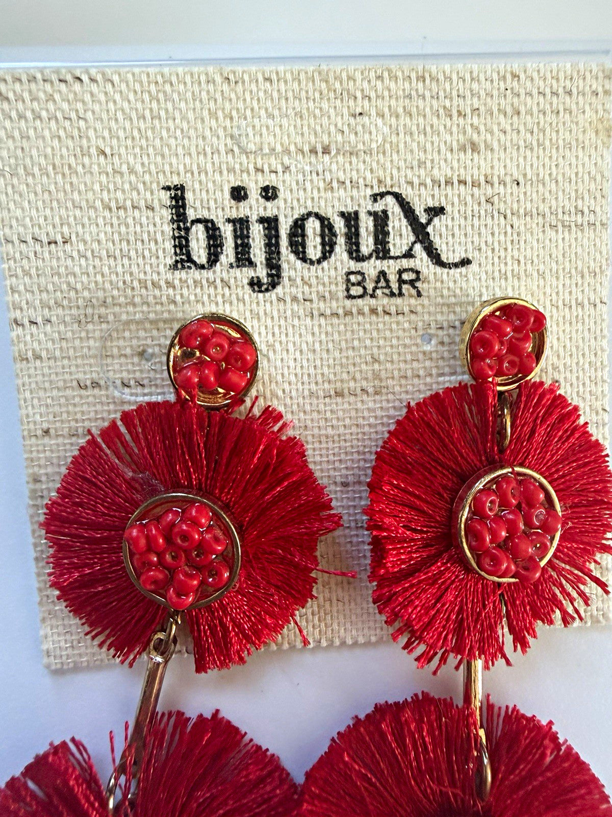 Bijoux Bar Red/Gold Beaded Tassel Fringe Dangle Drop Earrings Round Post Signed