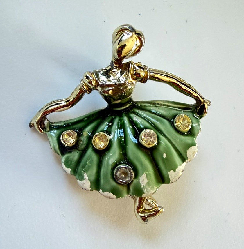 Gold Tone Ballerina Brooch Pin Green Enamel Skirt Clear Rhinestones 1.36in