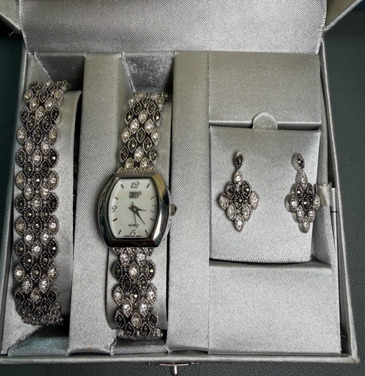 Gruen Crystal Watch Bracelet Earrings Matching Jewelry Set Silver Black