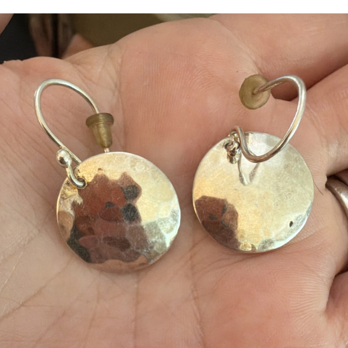 Sterling Silver 925 Hammered Disc Dangle Earrings Artisan Rustic Drop