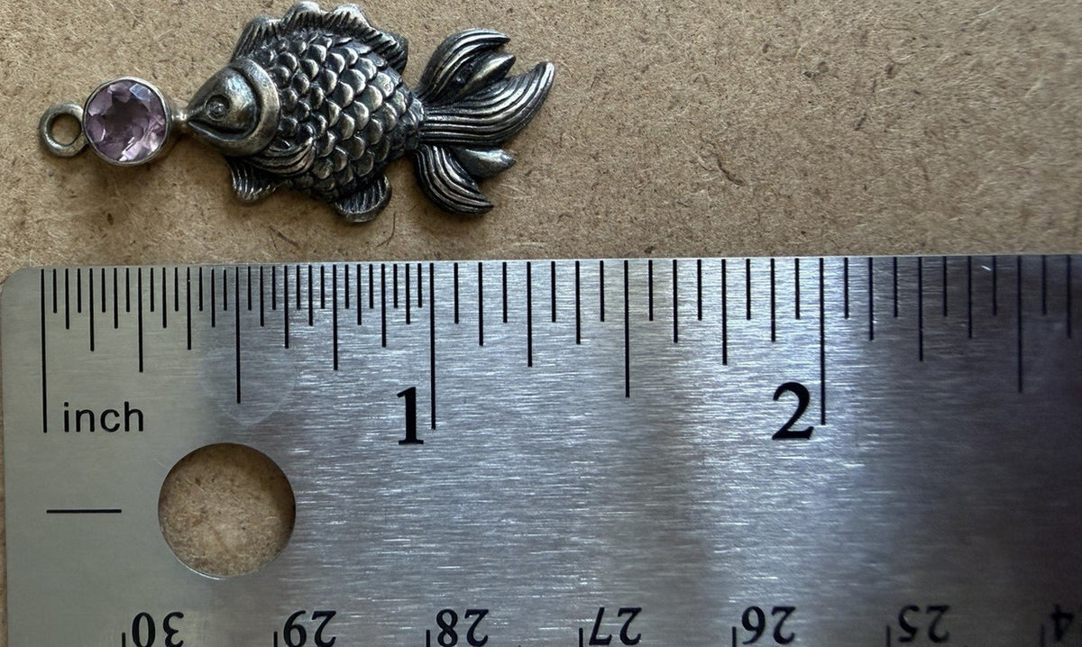 Vintage Fish Charm Sterling Silver 925 Amethyst Pendant  Approx. 1.5 Inch