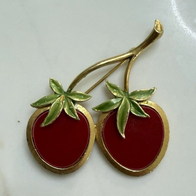 Vintage Red Cherry Brooch Pin Green Enamel Leaves Gold Tone Retro Fruit