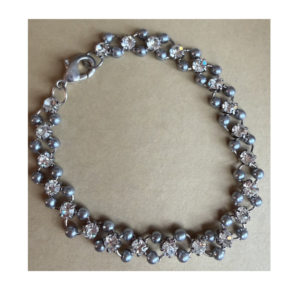 Vintage Silver Tone Gray Beaded Tennis Bracelet Clear Crystal Lobster Closure