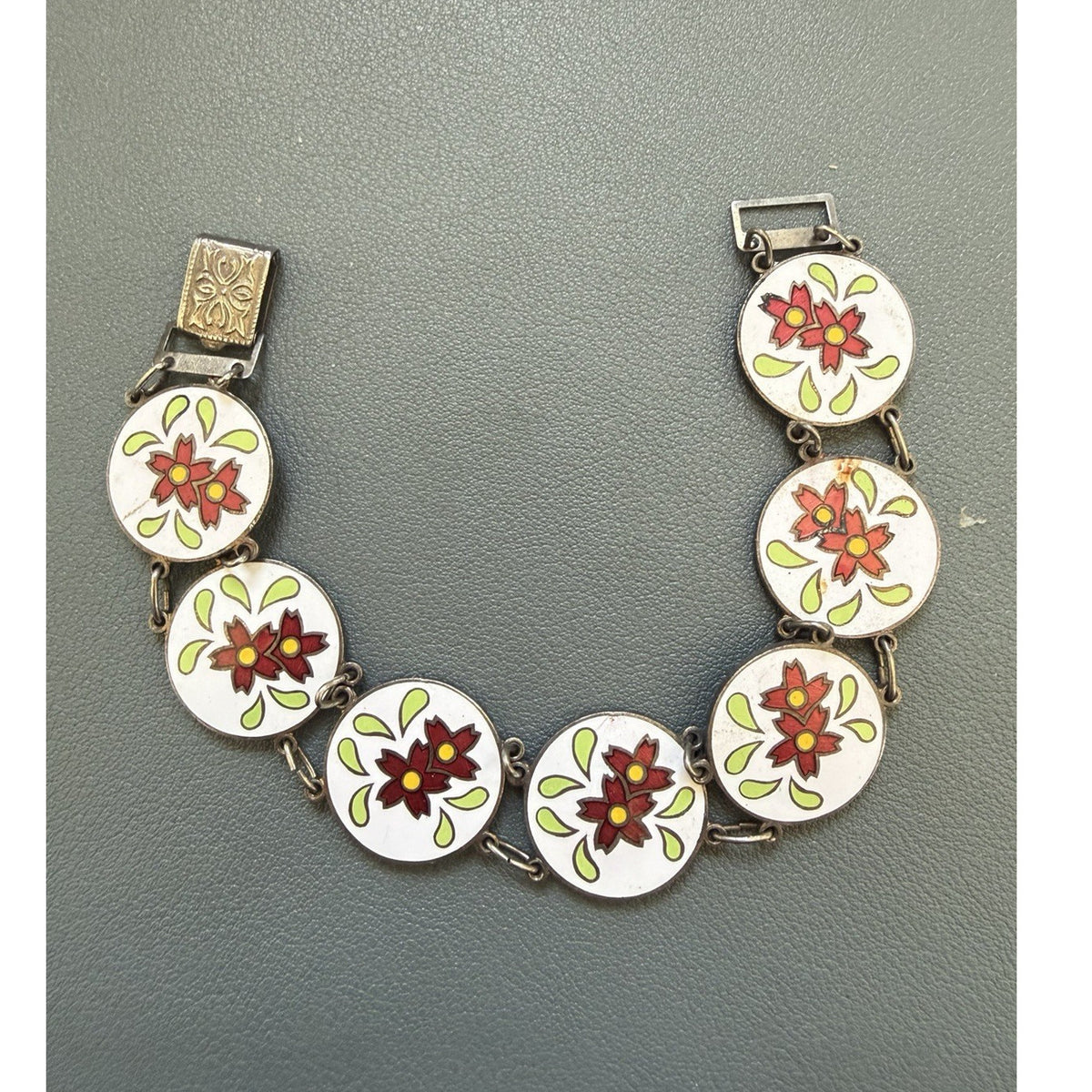 Vintage Enamel Floral Link Bracelet Round Disc Panels Multicolor Snap Closure