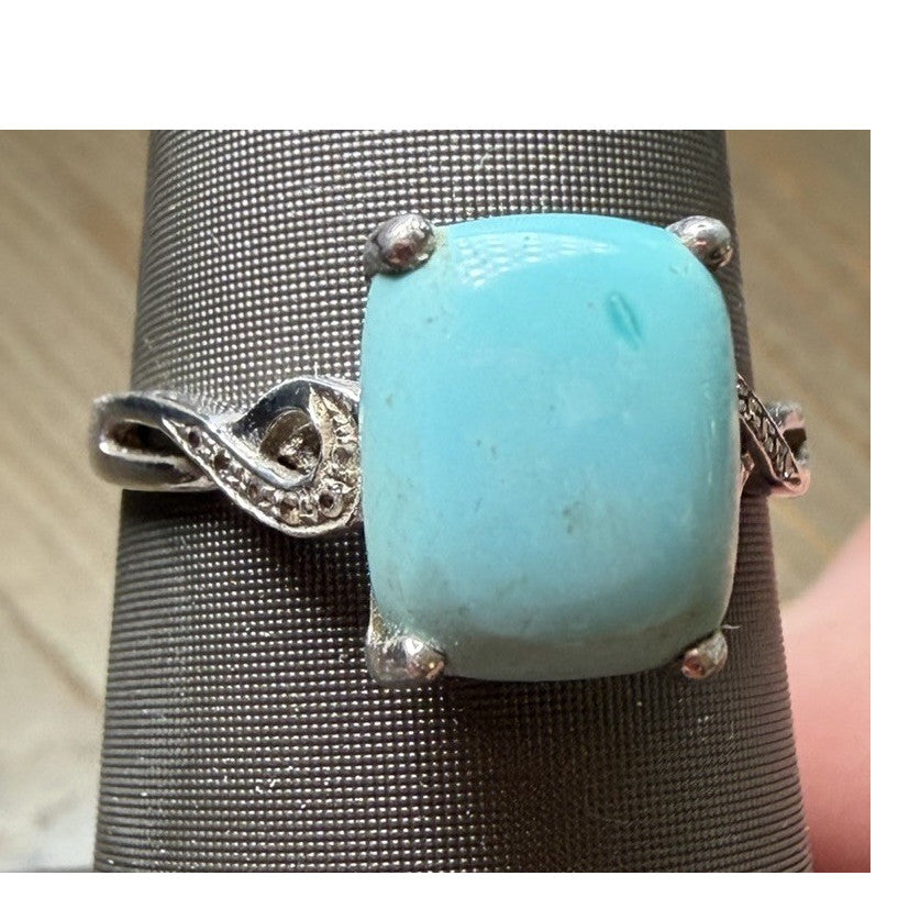 Sterling Silver Cushion-Cut Turquoise Diamond Ring by Gemologica Sz 9.75-10