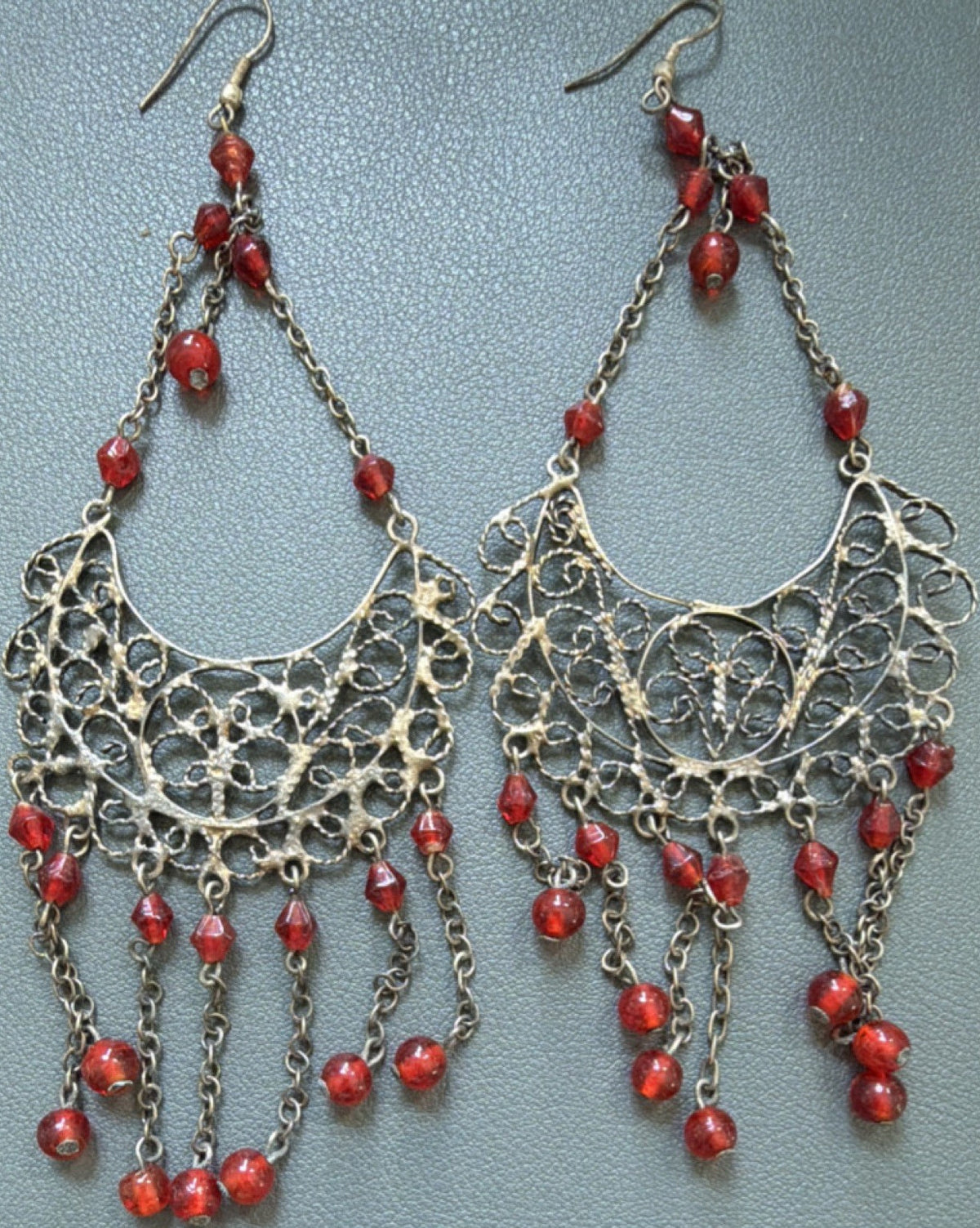 Handcrafted Bronze Filigree Chandelier Earrings Red Glass Beads Bohemian
