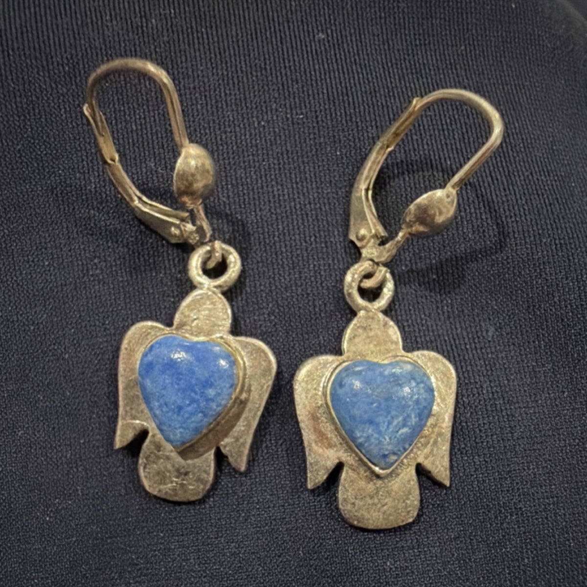 Sterling Silver 925 Angel Heart Lapis or Sodalite Dangle Earrings Leverback 