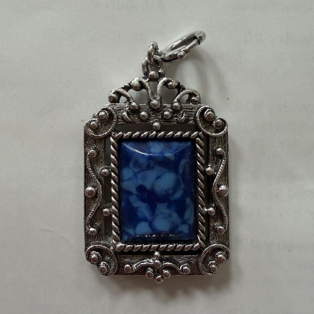 Vintage Sarah Cov Ornate Blue Stone Silver Tone Filigree Pendant Charm