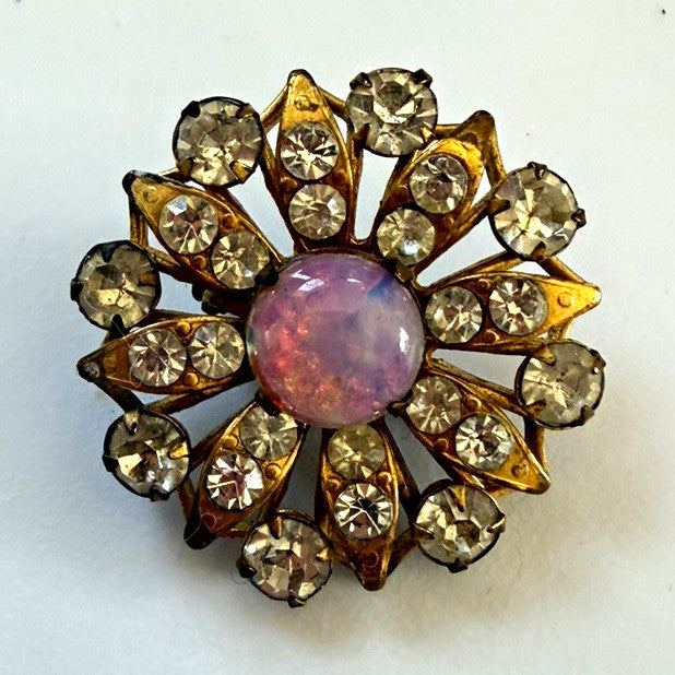 Vintage Gold Tone Flower Brooch Pink Oval Glass Cabochon AB Rhinestones 0.95in