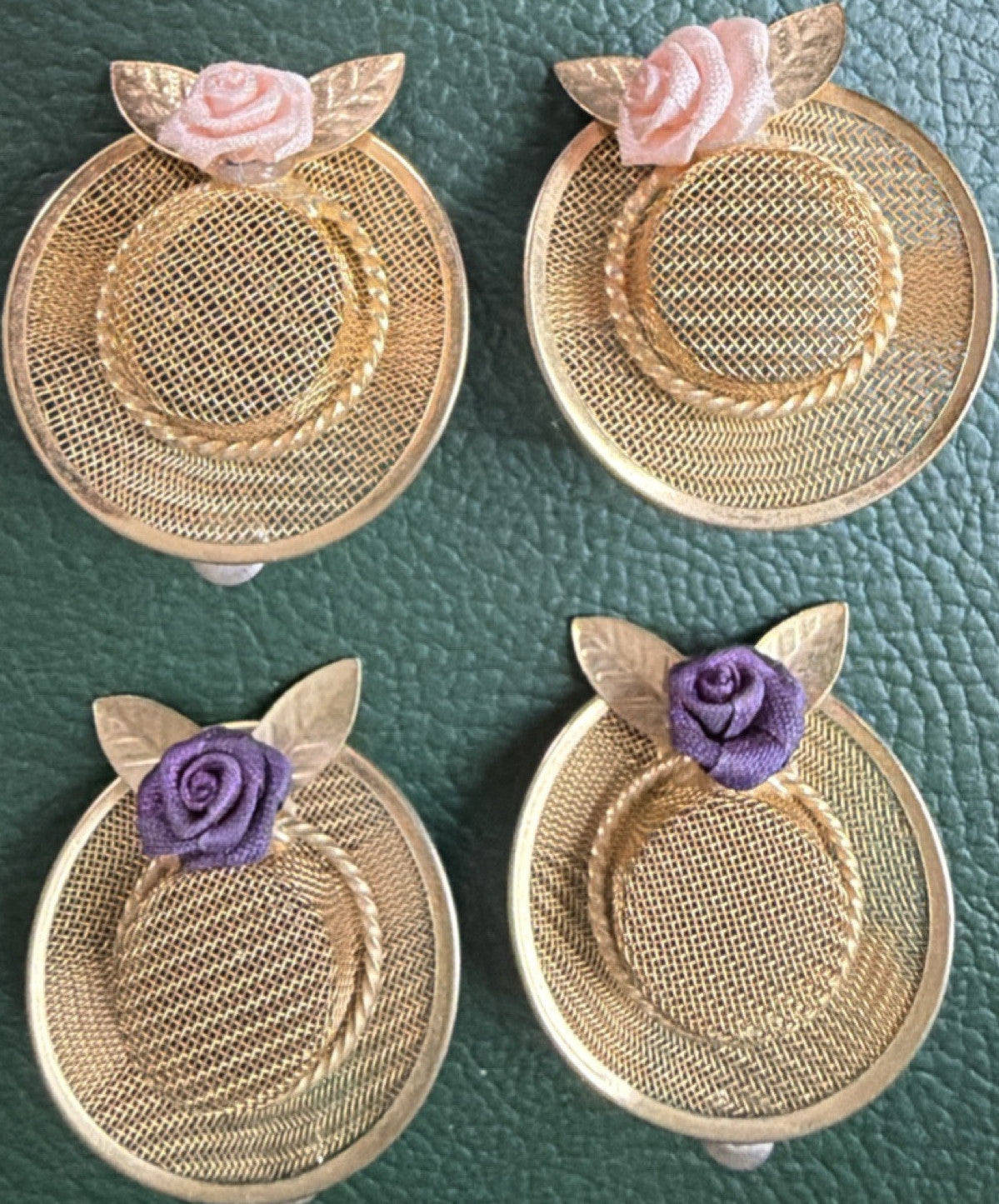 Vintage Retro Hat Stud Earrings Gold Tone  w/ Fabric Ribbon Rose