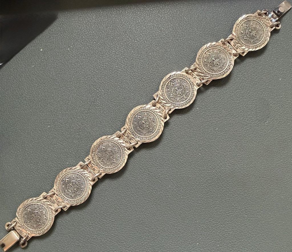 Vintage Taxco Mexico 950 Silver Aztec Calendar Link Bracelet 48g Signed