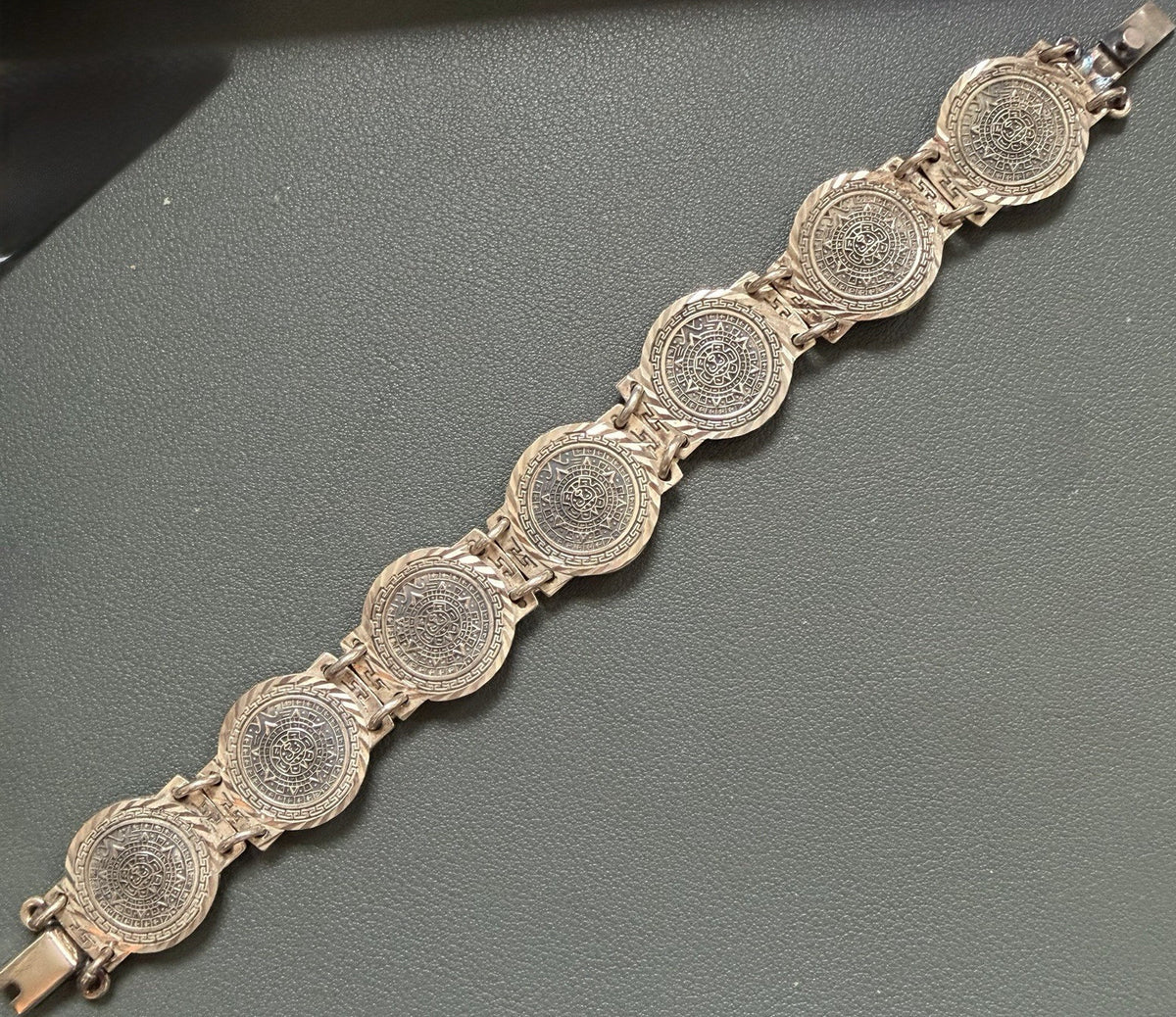 Vintage Taxco Mexico 950 Silver Aztec Calendar Link Bracelet 48g Signed