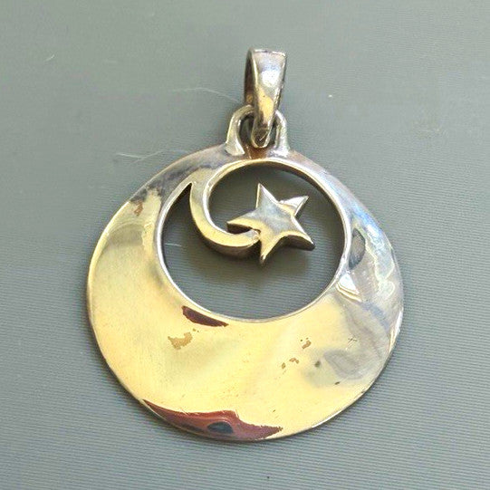 925 Sterling Silver Crescent Moon Star Pendant Inspirational Celestial .75in
