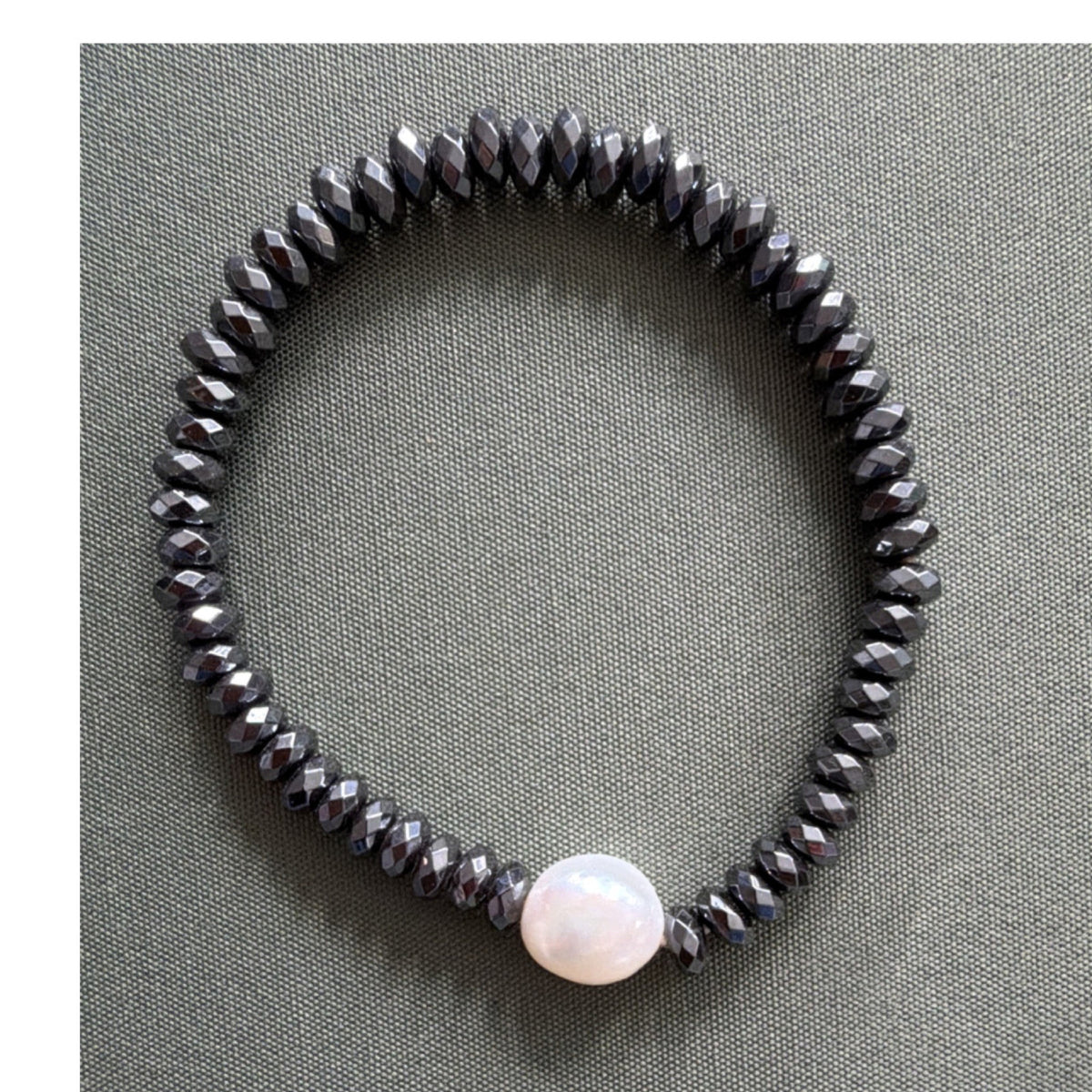 Hematite Stretch Bracelet with large Pearl White  Accent 7" 