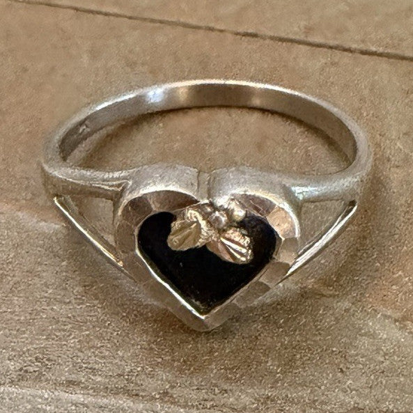 Sterling Silver 925 Heart Shape Onyx & 12k Accent Ring, Size 7