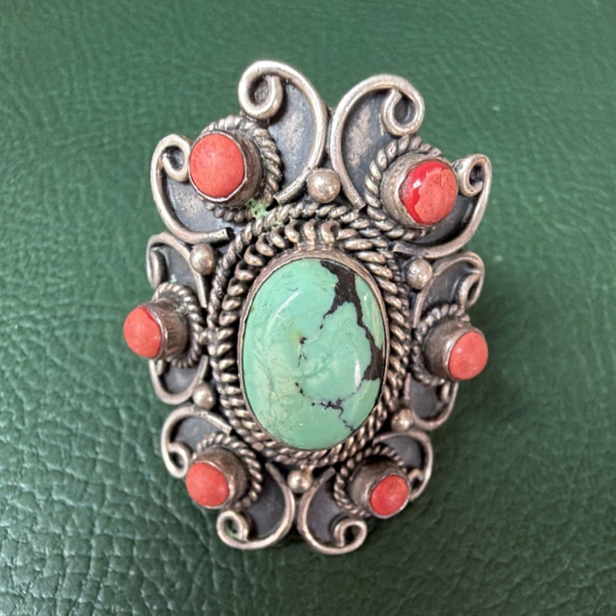 Vintage India 925 Sterling Silver Turquoise Coral Statement Ring Size 6.5