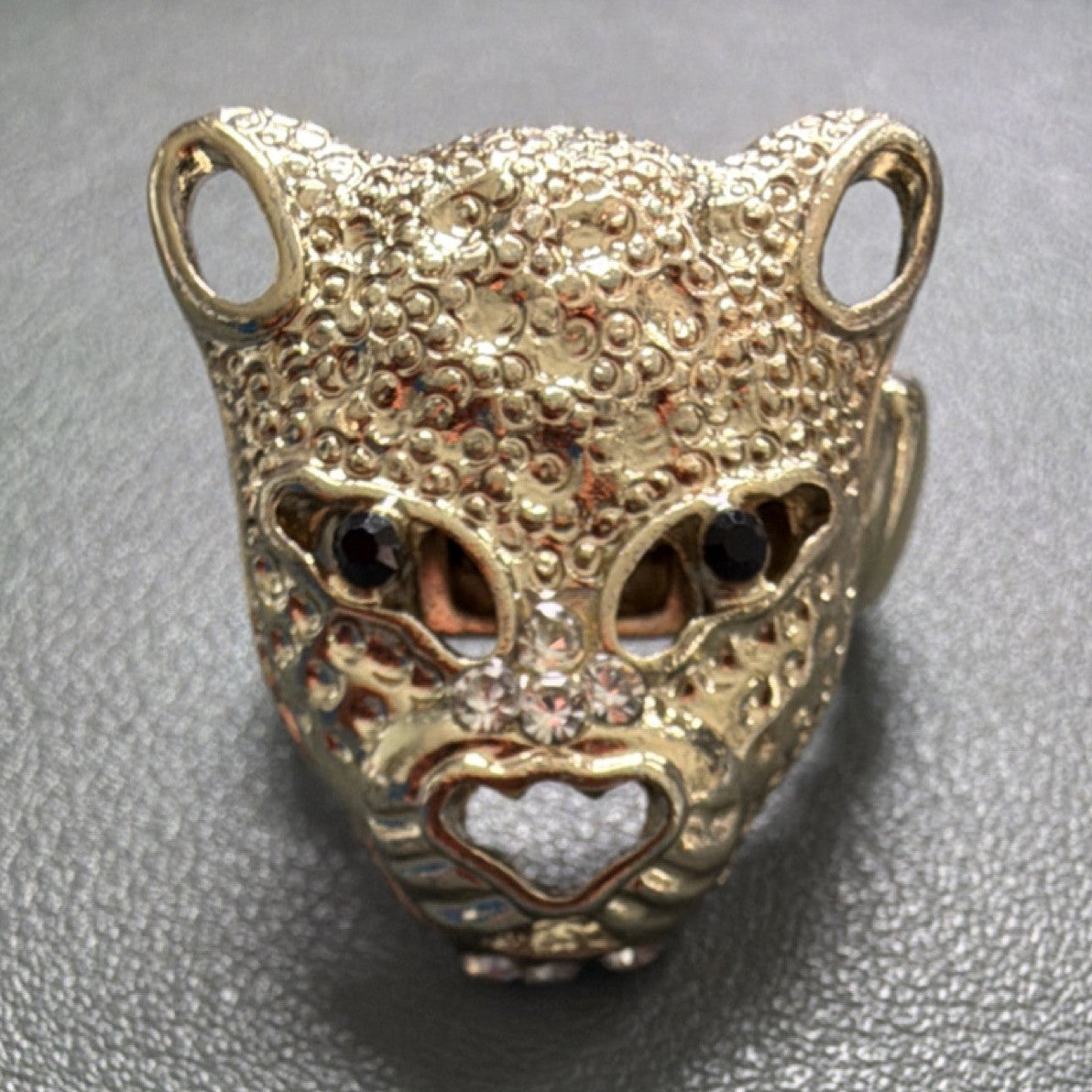 Gold Tone Leopard Head Statement Ring Sz 8 Animal Style stretch ring