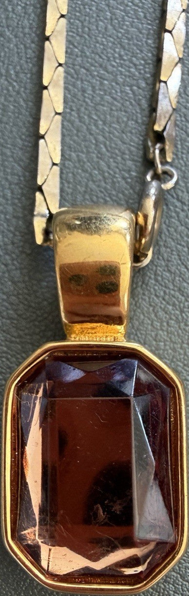 Vintage Joan Rivers Gold Tone Emerald-Cut  Smokey Quartz Colored Pendant 20in