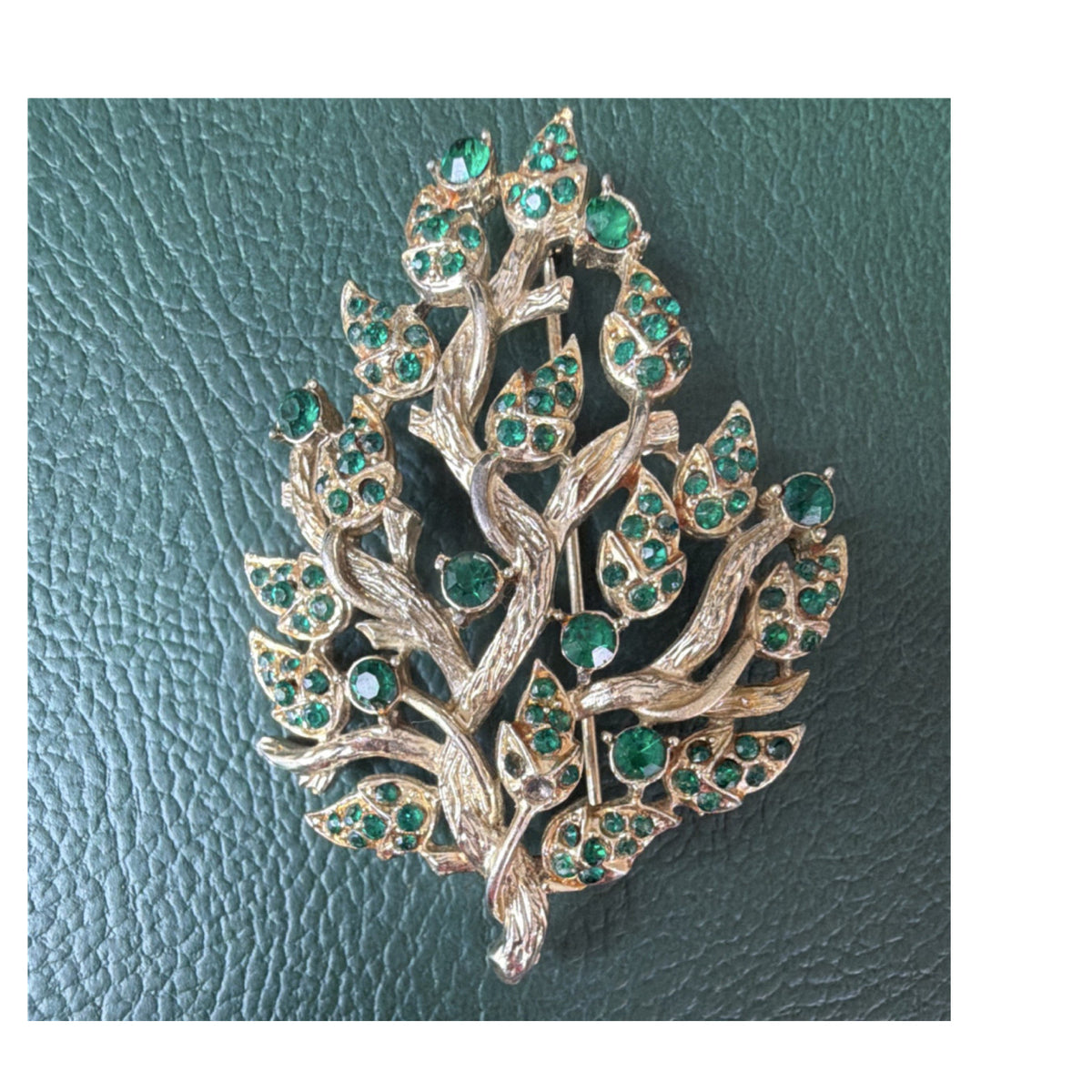 Vintage Green Rhinestone Leaf Brooch Pin Botanical Statement
