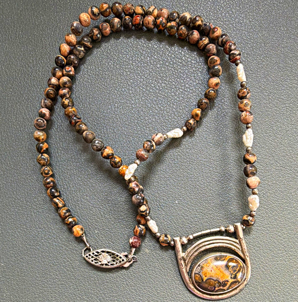 Vintage 925 Sterling Silver Leopard Skin Jasper Pendant Beaded Necklace Artisan