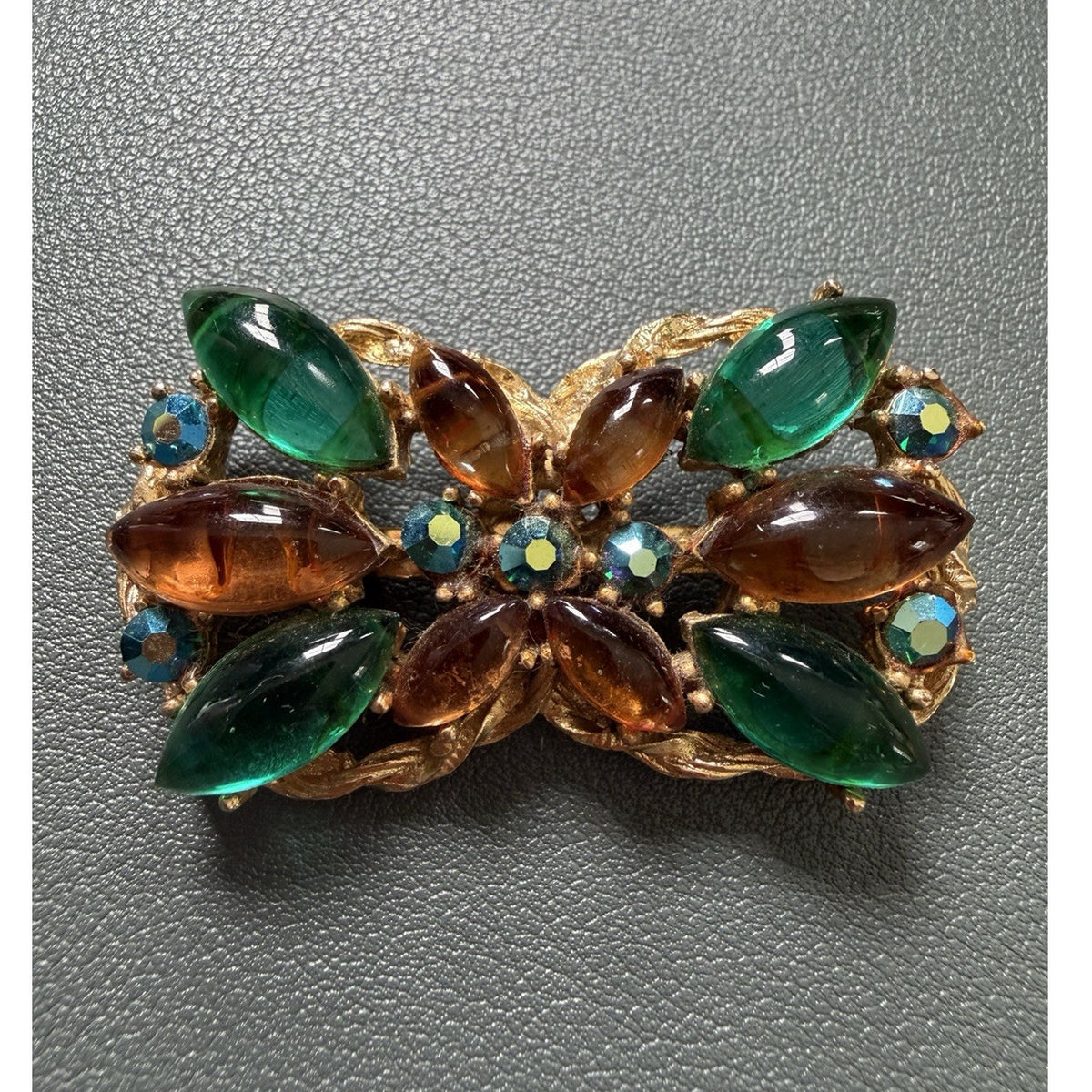 Vintage Glass Marquise Bow Brooch, Emerald Color Green And Amber Colored Orange
