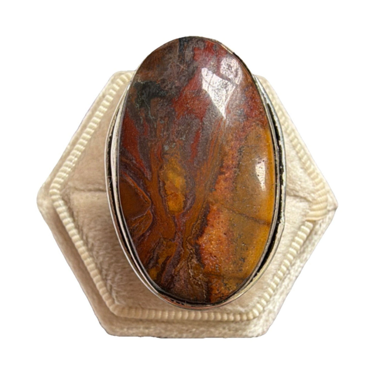 Oval Jasper Cocktail Ring Brown Red Yellow Size 7 Bezel Setting