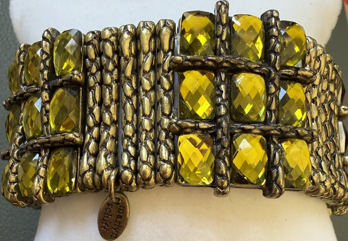 Signed Cuff Bracelet Antique Silver Tone Yellow Cushion Crystal