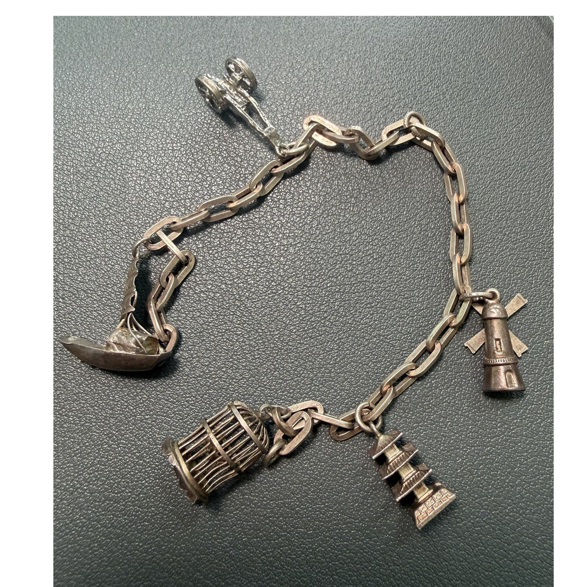 800/ Sterling Silver Souvenir Charm Bracelet Windmill Birdcage Boat Cannon