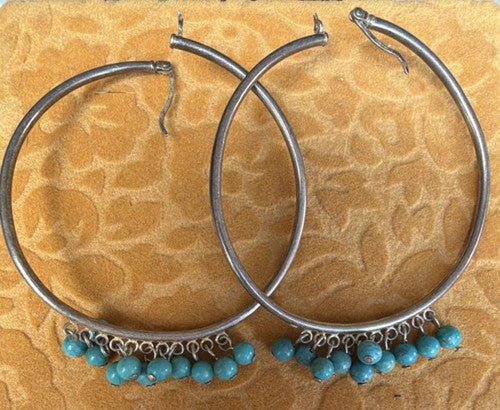 Sterling Silver 925 Turquoise Beaded Large Hoop Dangle Earrings Navajo Style
