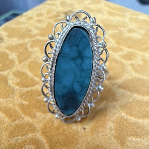 Vintage Sterling Silver 925 Darker Turquoise Oval Scrollwork Setting Ring 6.5