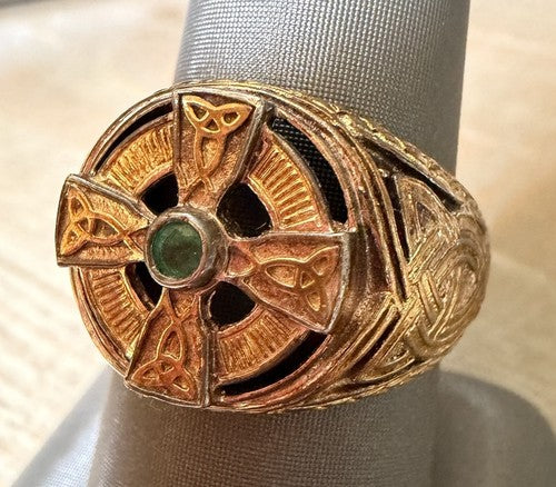 Franklin Mint 925 Sterling Silver Celtic Cross Emerald Signet Ring, Sz 12 USA