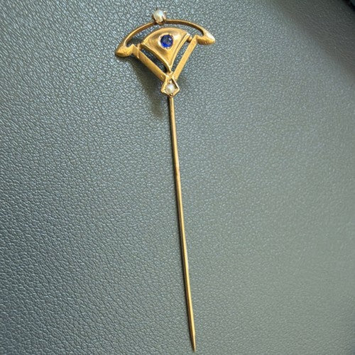 10K Gold Art Nouveau Hatpin Hat Pin Stick Pin w/ Blue & Clear Stone Accent