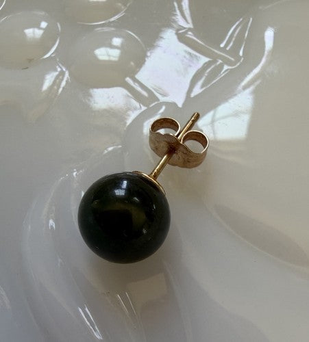 SINGLE 14k Yellow Gold Jade Round Stud Earrings Butterfly Closure Green signed